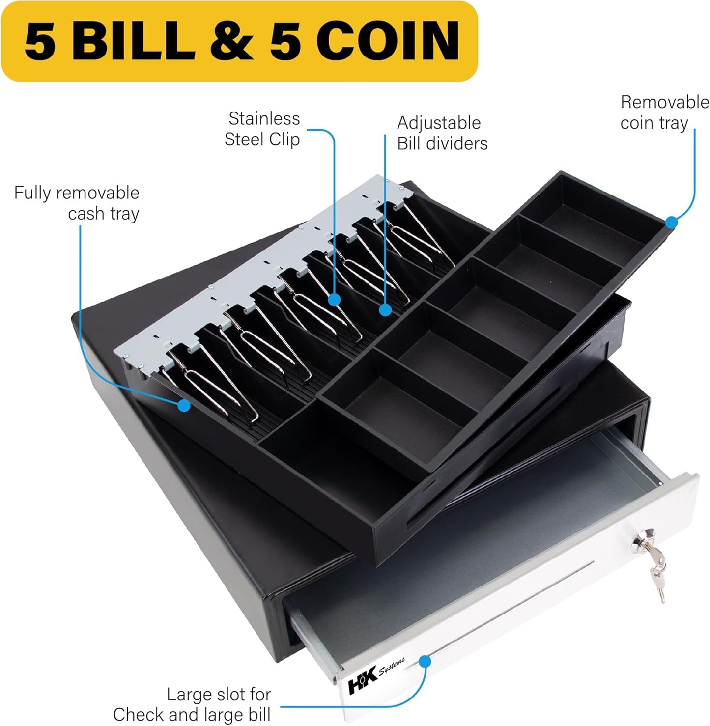 HK SYSTEMS 16""Stainless Steel" Front Heavy Duty Black POS Cash Drawer with 5Bill/5Coin and Till Cover