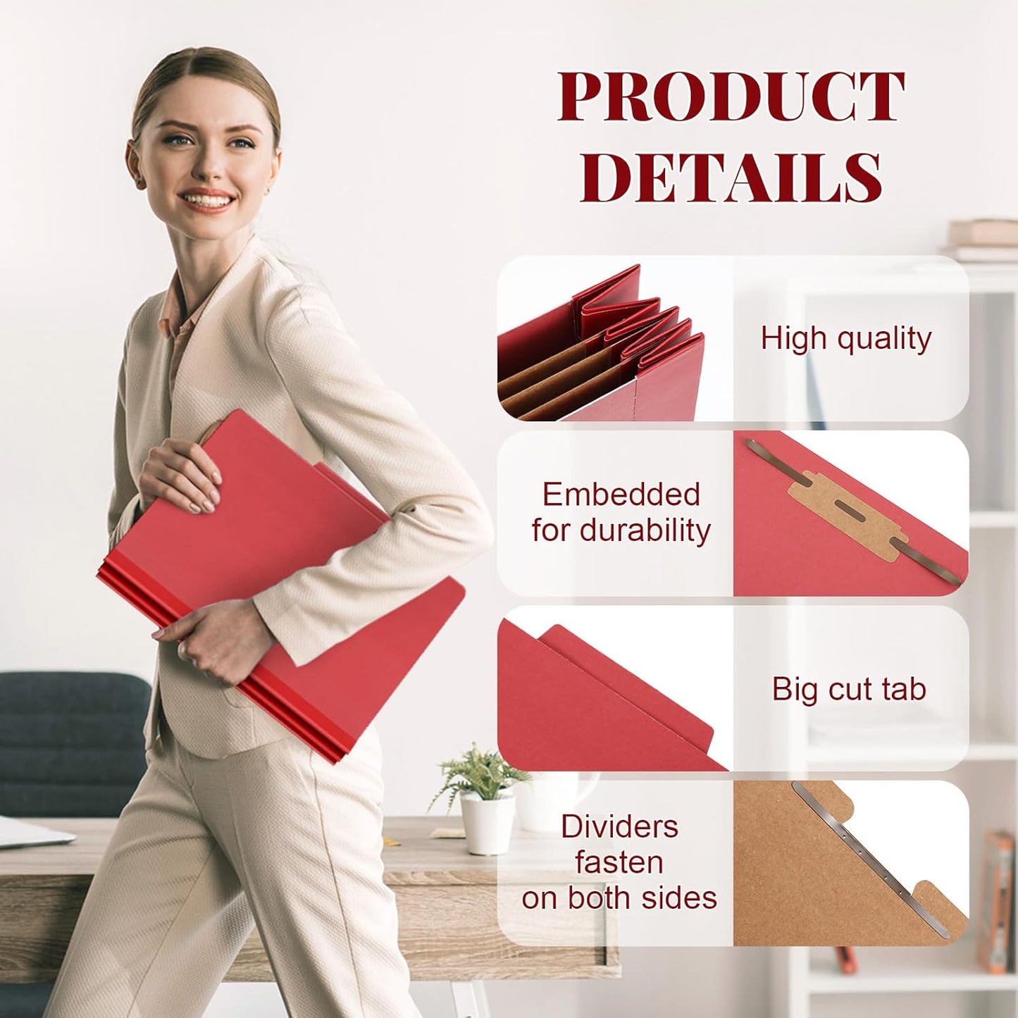 36 Pcs Classification Folders Letter Size, 3 Divider Pressboard File Folder with Fasteners, Expanding File Organizer Bulk for Teachers, Clergy, Office, Church, Christmas Donations (Red)