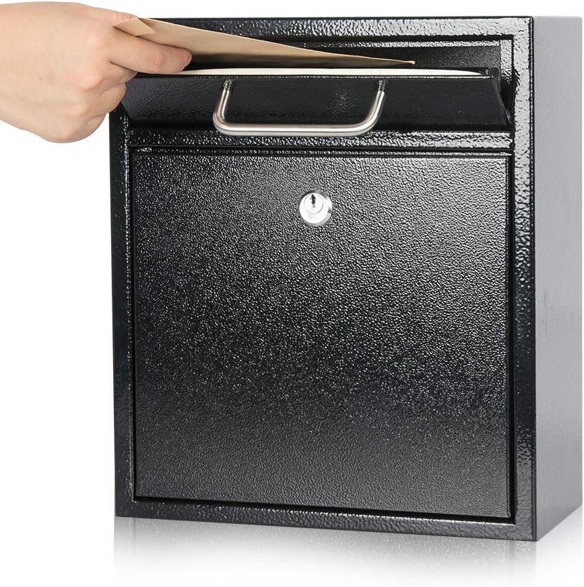 KYODOLED Steel Key Lock Mail Boxes for Outside, Locking Wall Mount Mailbox, Security Key Drop Box,12H x 10.51L x 4.68W Inches, Black Large