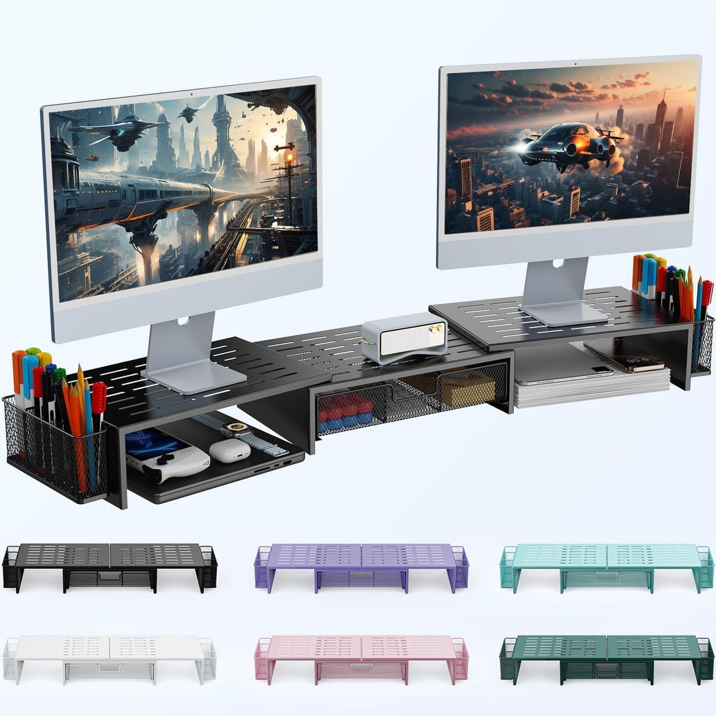 gianotter Computer Dual Monitor Stand Riser For Desk, Desk Organizers And Accessories With Drawer And 2 Pen Holder For Office, Home, School Supplies (Black)