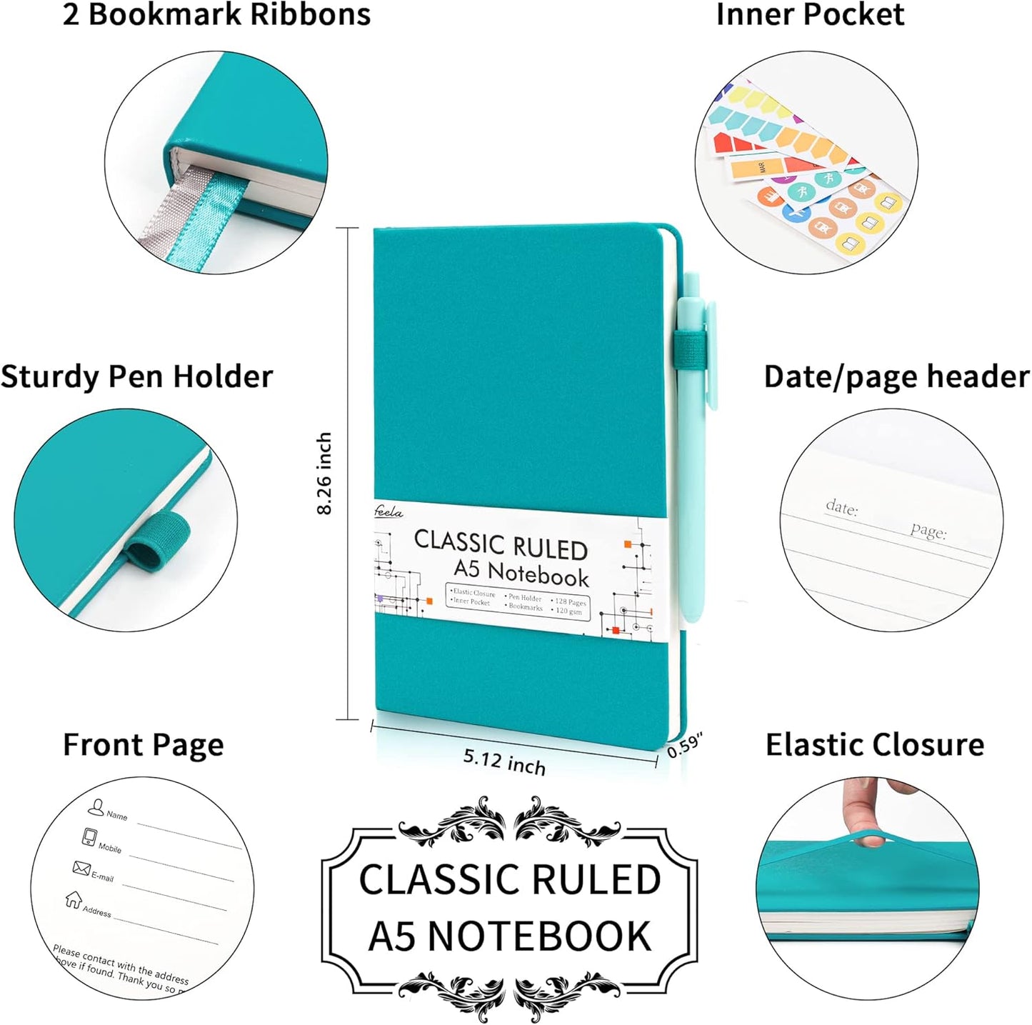 feela 5 Pack Journal Notebook Bulk for School, Hardcover Business Notebooks Classic Ruled Lined Journals with Pen Holder for Work Note Taking, with 5 Black Pens, 120 GSM, 5.1”x8.3”, A5, Emerald