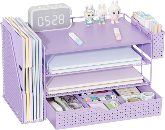 Wood Desk Organizers and Accessories with File Holder, 4-Tier Desk Accessories & Workspace Organizers with Drawer and Pen Holder, Paper Organizer for Office Supplies (Purple)