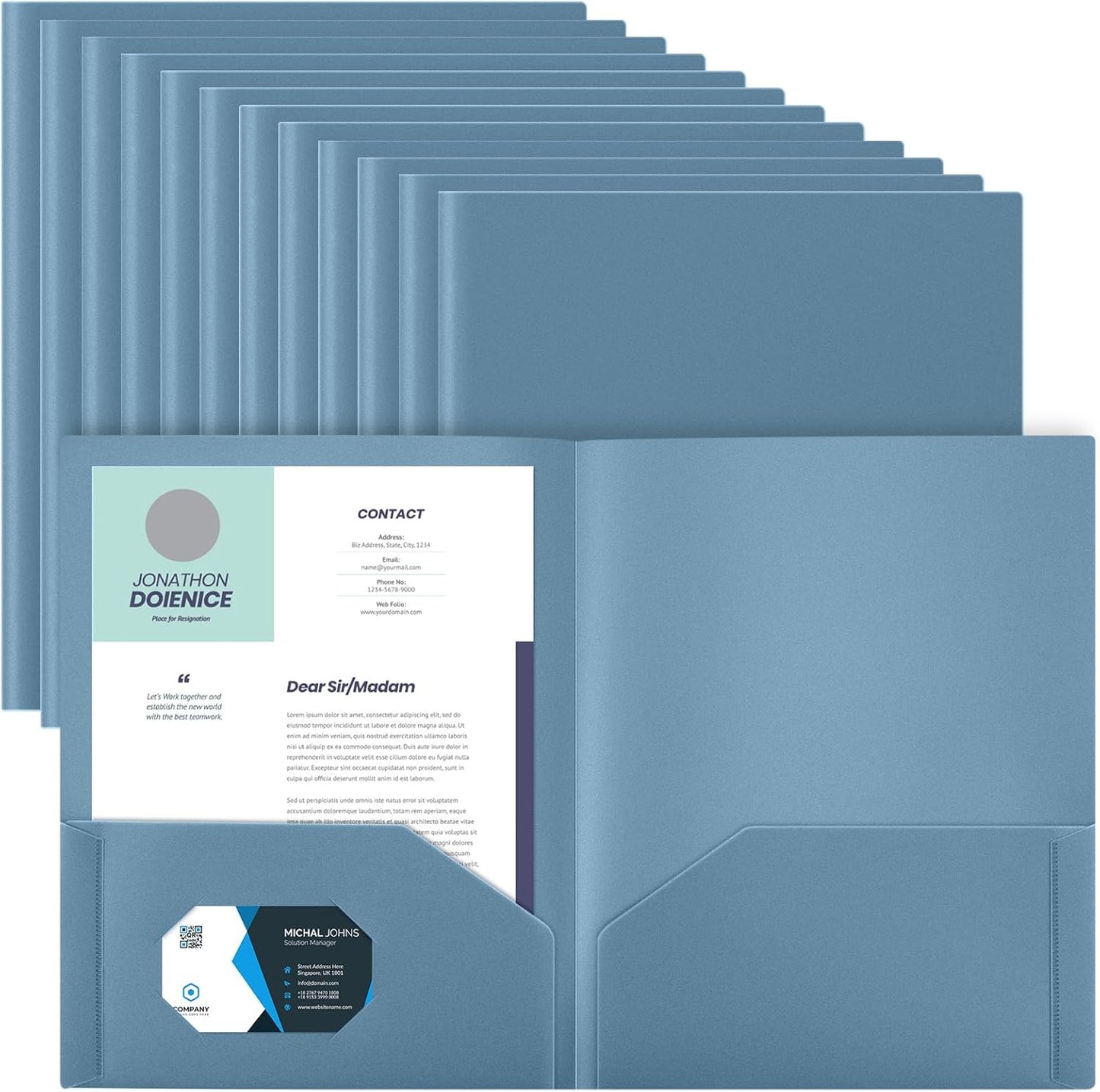 Gueevin 100 Pcs Two Pocket Folders Bulk Plastic File Folder with 2 Pockets Letter Size Paper Heavy Duty Durable Portfolios Case for Home Office School Business 11.61 x 9.45 Inch (Blue Grey)