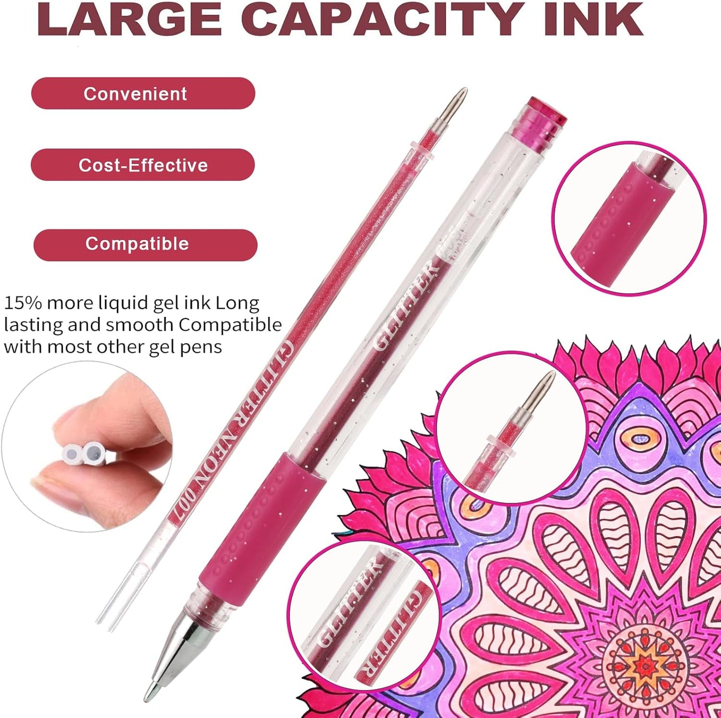 72 Pack Glitter Neon Gel Pens, 24 Glitter Neon Tone Gel Pens with 48 Refills,40% More Ink Colored Gel Pens for Adults Coloring Books Drawing Doodling Scrapbook Journaling
