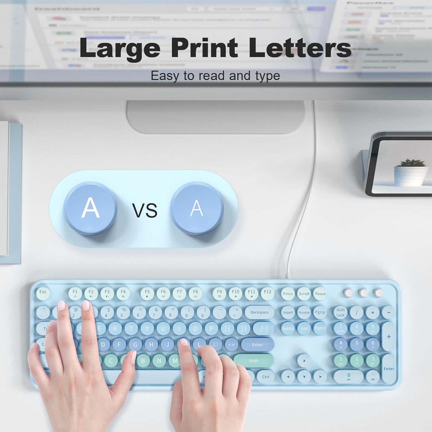 Large Print Keyboard, USB Wired Computer Keyboard with Retro Keycaps, Numeric Keypad and Media Hotkey for Office Desktop PC Laptop and Windows 7 8 10 11 (Blue Colorful)