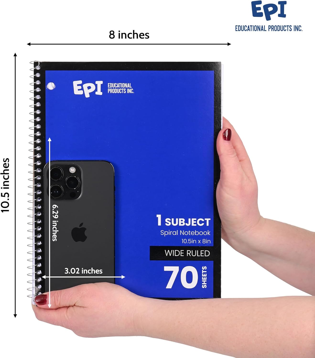 EPI Spiral Notebook | Wide - 70 Sheets, Durable Spiral Binding | 10.5 x 8 in | Classroom Supplies | School, Office, Note Taking, Journaling - 6 Pack