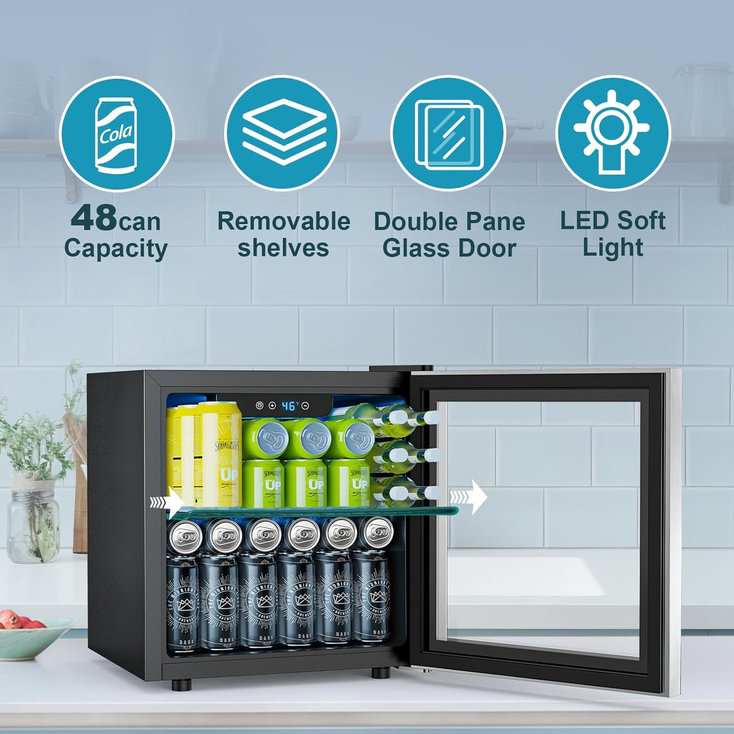 48 Can Beverage Refrigerator,12 Bottle Wine Cooler with Stainless Steel Glass Door, Digital Temperature Display, Countertop Mini Fridge for Soda, Wine or Beer, Silver