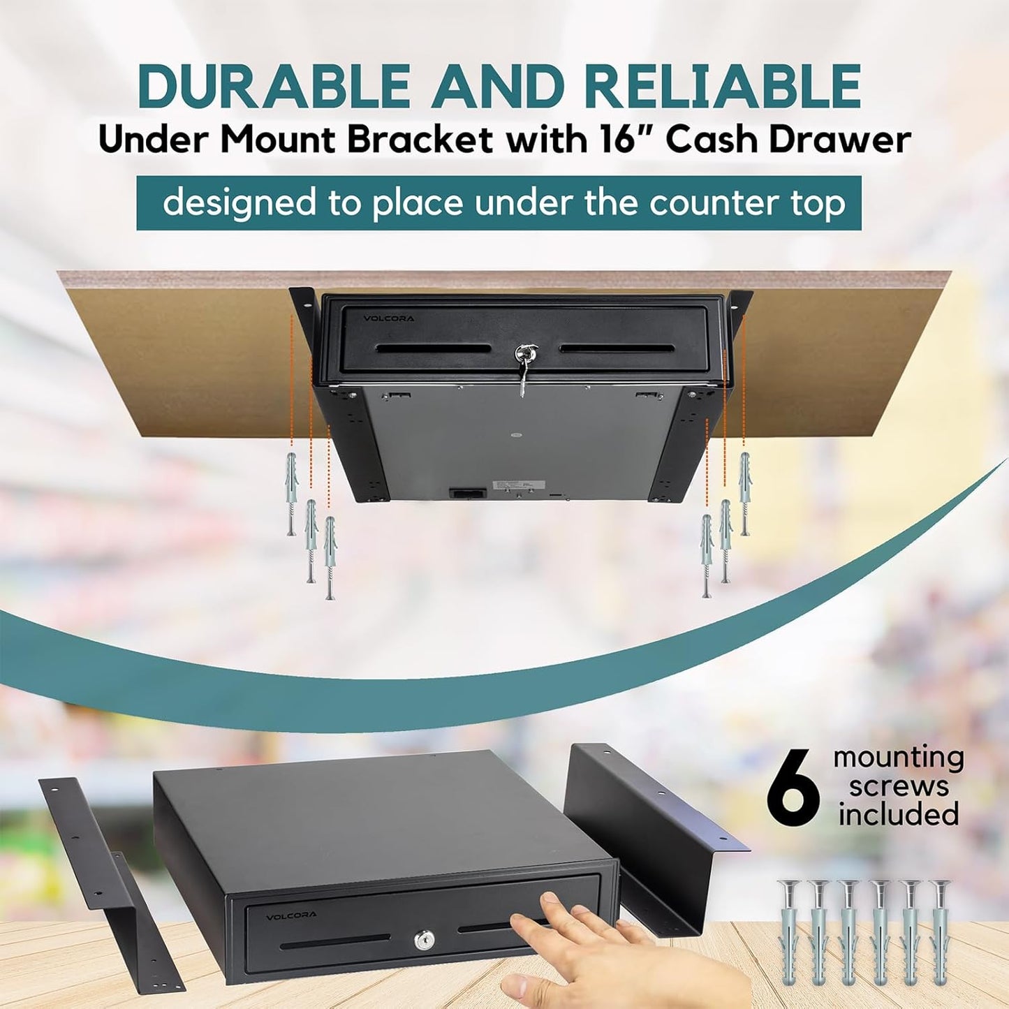 Volcora Manual Push Open Cash Register Drawer with Under Counter Mounting Metal Bracket - 16" Black Front Touch Panel Cash Drawer for POS, Fully Removable 5 Bill 8 Coin Tray, Key-Lock