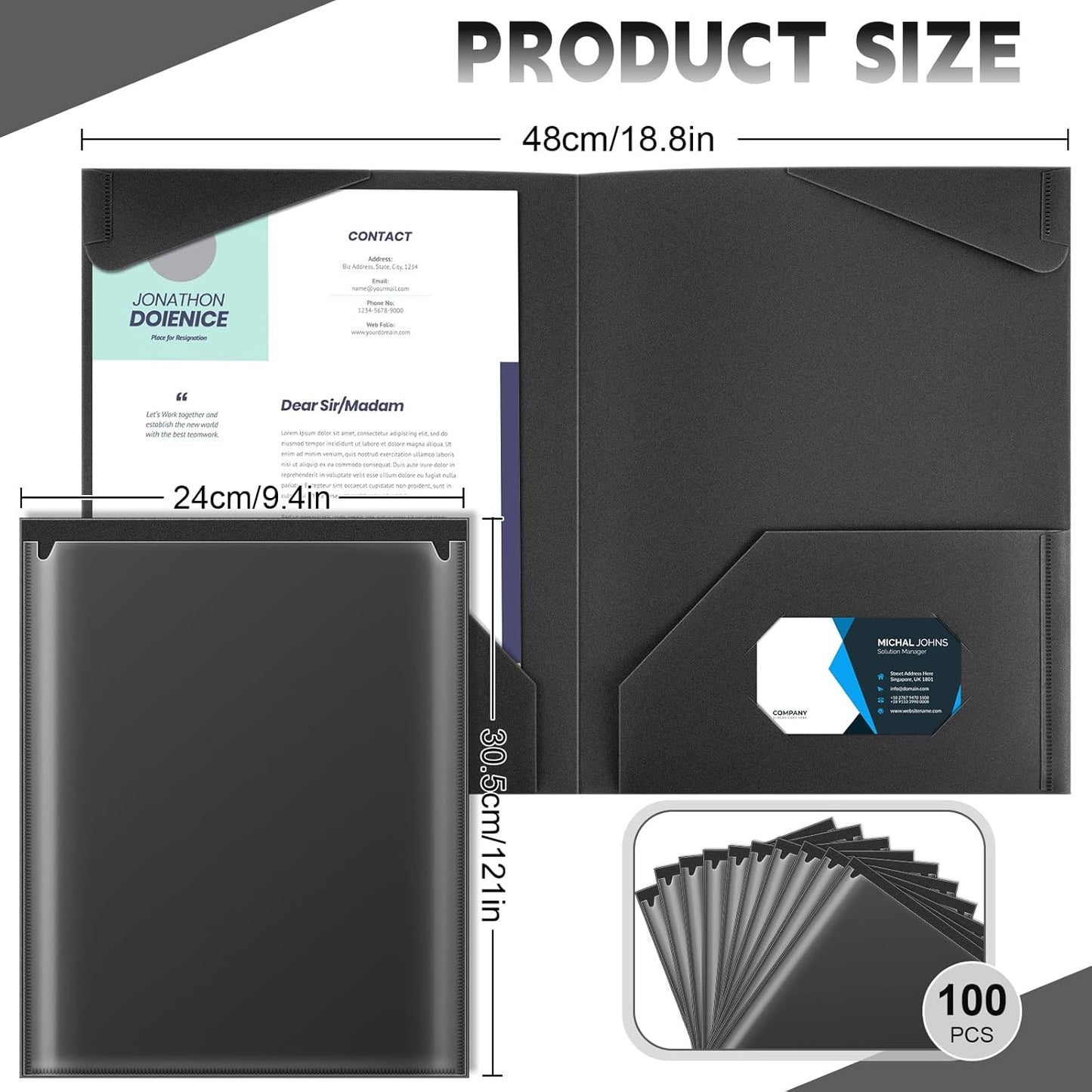 Henoyso 100 Pcs Plastic Folders with Clear Front Pockets Bulk Heavy Duty File Folders with 2 Pockets and Card Slot for Student Teacher Back to School Supplies Office Presentation (Black)