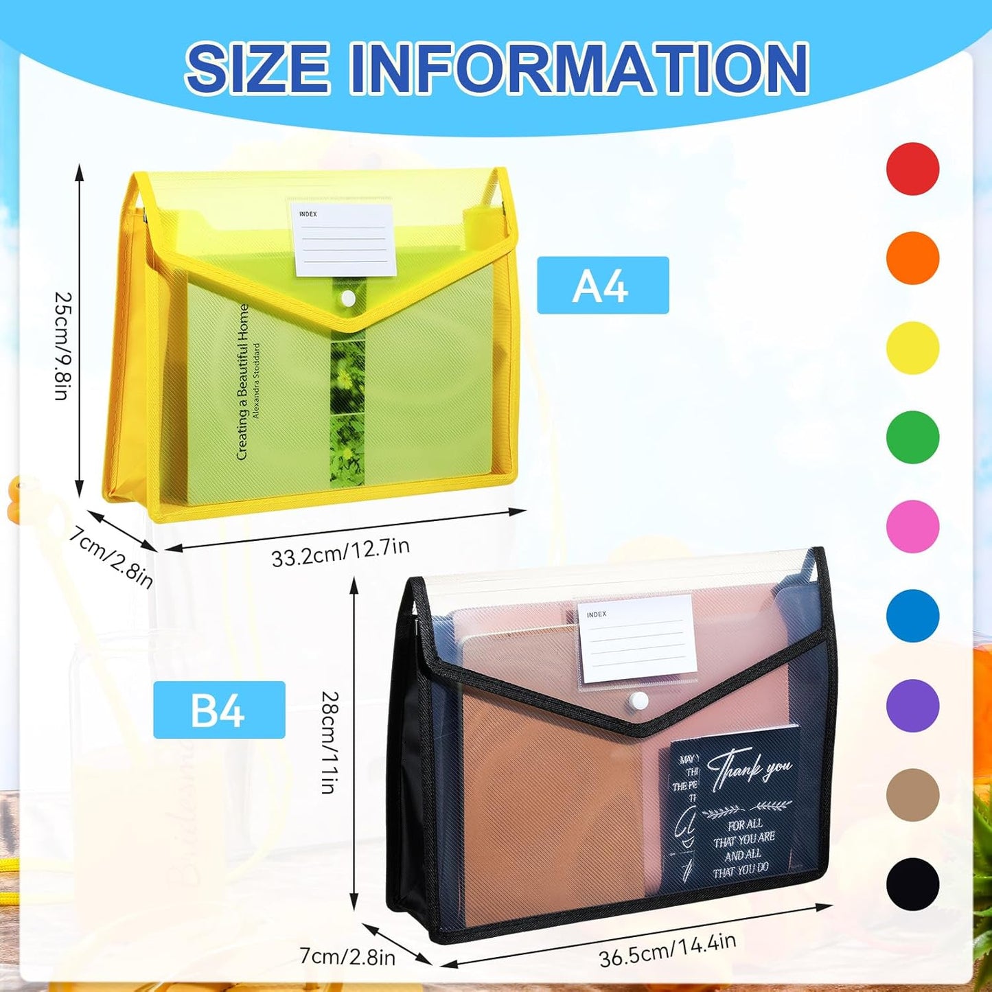 Zhanmai 18 Pcs Plastic File Folder Waterproof Transparent Expandable File Folder Organizer with Snap Closure Plastic Envelopes Document Folder Organizer with Label Pocket Waterproof File Pouch, A4, B4