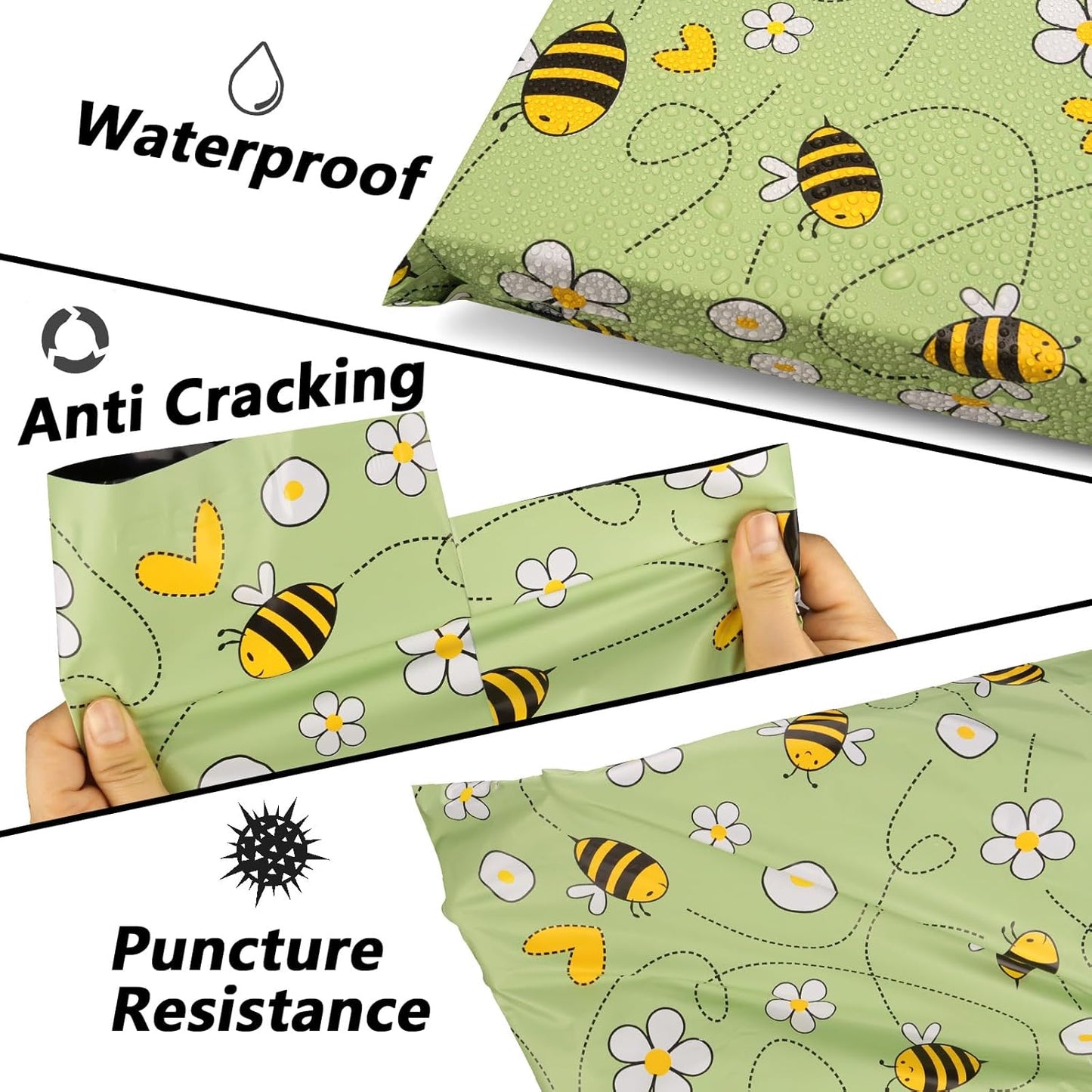 Poly Mailers 10x13 Inch 100 Pcs - Bee printed Shipping Bags, 2.4mil Thickness, Waterproof and Tear Resistant Mailing Envelopes, Self-Sealing Packaging Bags for Small Business