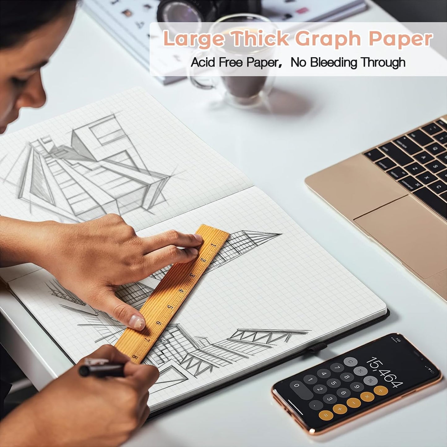 Graph Paper Notebook, Hardcover Notebook 8.5 x 11, Grid Notebook Journal for Women, Men, Large Leather Journals for Writing, Thick Paper, A4 Notebooks for Work, School Supplies, Engineering Pink