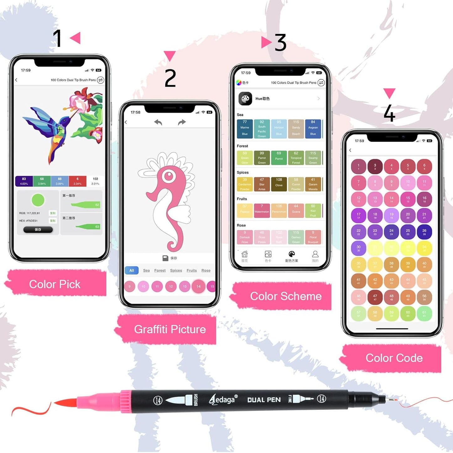 100 Colors Numbered Dual Tip Brush Pens with Free App, Fine and Brush Tips Pens for Adults and Kids, Coloring Markers for Coloring Book Bullet Journaling Note Taking Planner Hand Lettering