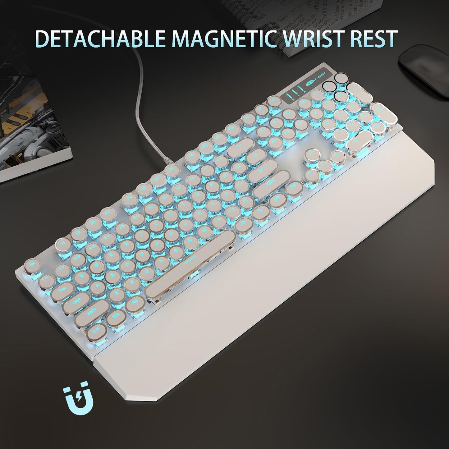 Camiysn Typewriter Style Mechanical Gaming Keyboard, White Retro Punk Gaming Keyboard with Blue Backlit, 104 Keys Blue Switch Wired Cute Keyboards, Round Keycaps for Windows/Mac/PC