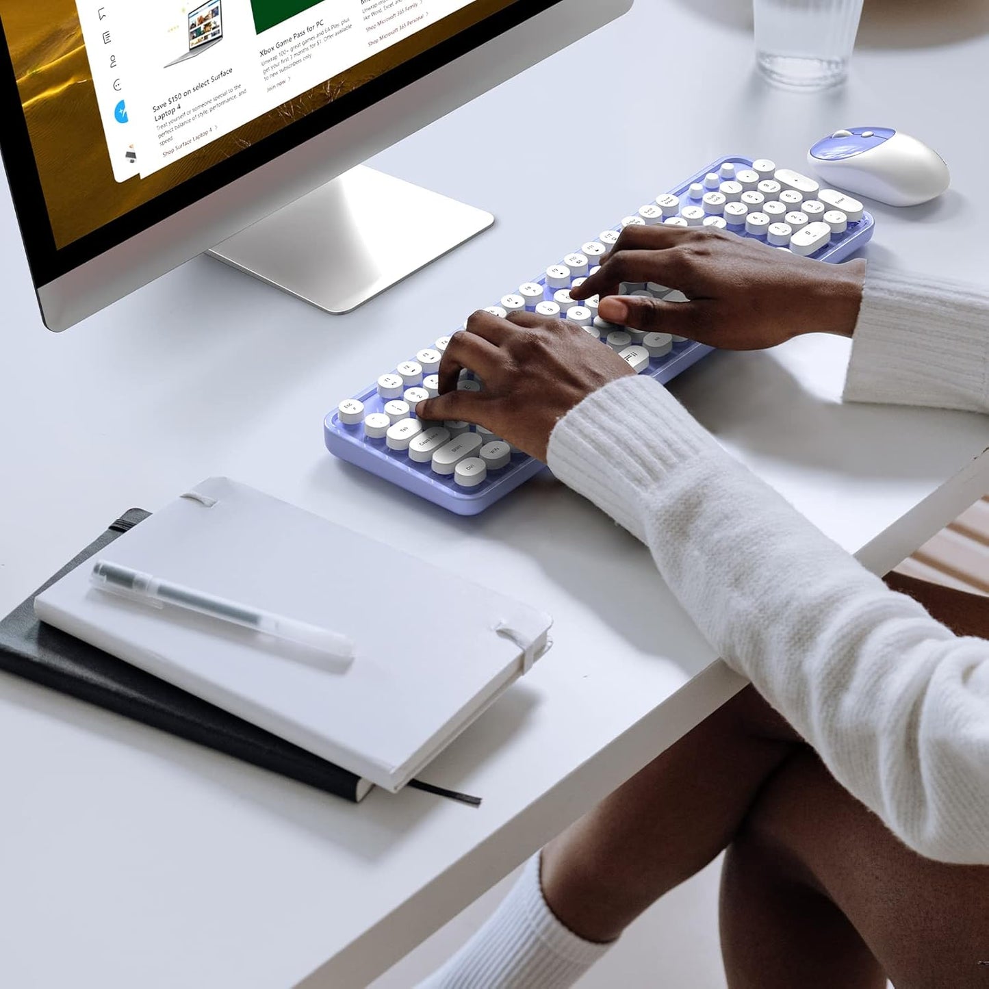 MOFII Wireless Keyboard and Mouse Combo, Computer Full Size 2.4G Plug and Play Wireless Typewriter Retro Round Keyboard and Mouse Set for Windows, Computer, Desktop, PC, Notebook - (Light Purple)