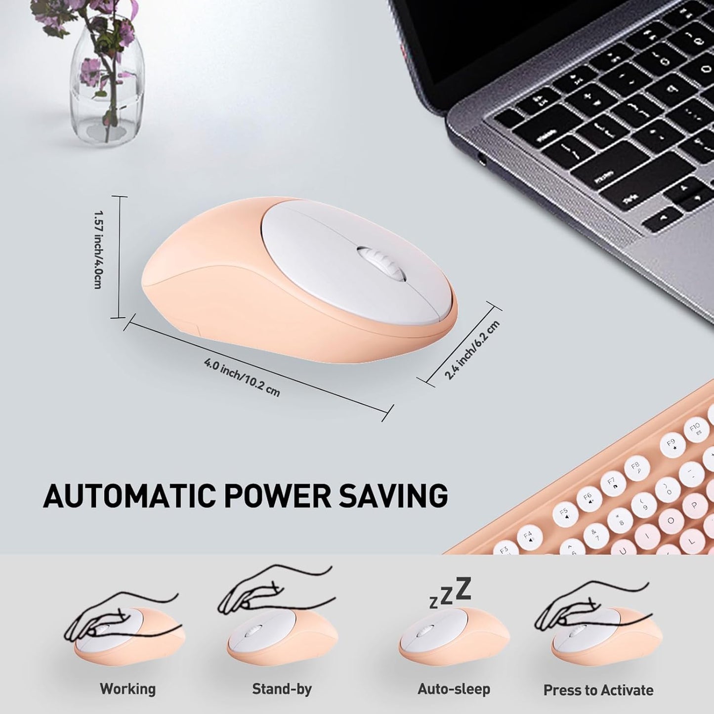 FOPETT 2.4GHz Wireless Keyboard and Mouse Set with Switch Button - Full-Size Keyboard - Compatible for Windows/Laptop/PC/Notebook/Smart TV and More - Pink