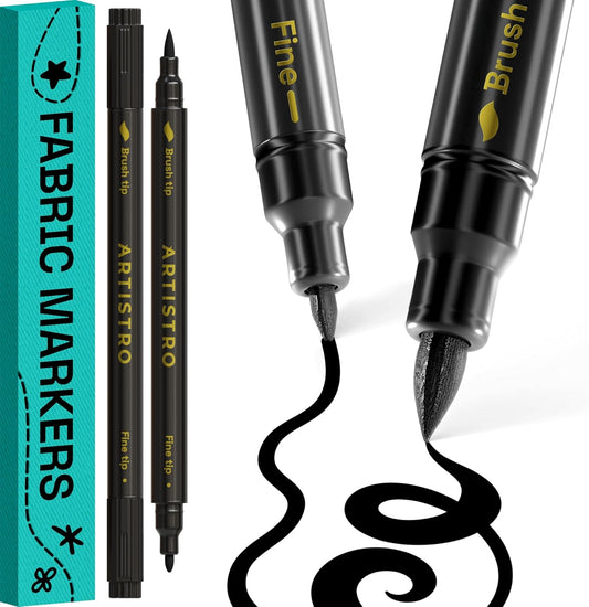 ARTISTRO 2 Black Dual-Tip Fabric Markers - Fabric Decorating Kit - Permanent for Clothes - Acrylic Paint Pens for Sneakers, Bags, Shoes, Textile, Canvas, Sewing, Craft, Laundry - Brush and Fine Tip