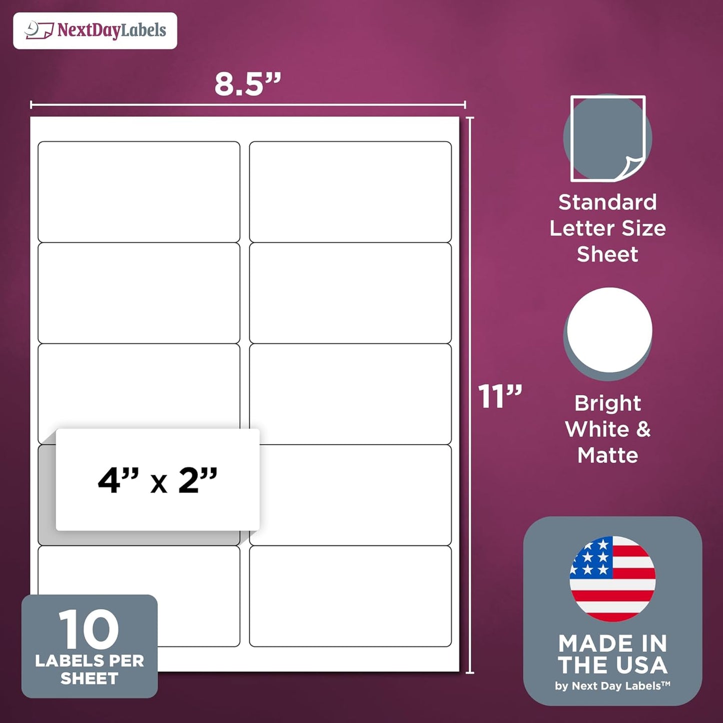 NextDayLabels – 4” x 2” Rectangular Sticker Labels for Printer - White Laser/Inkjet Printer Labels Return Address Labels Shipping Label Stickers (500 Sheets, 10 Per Sheet, 5000 Labels)