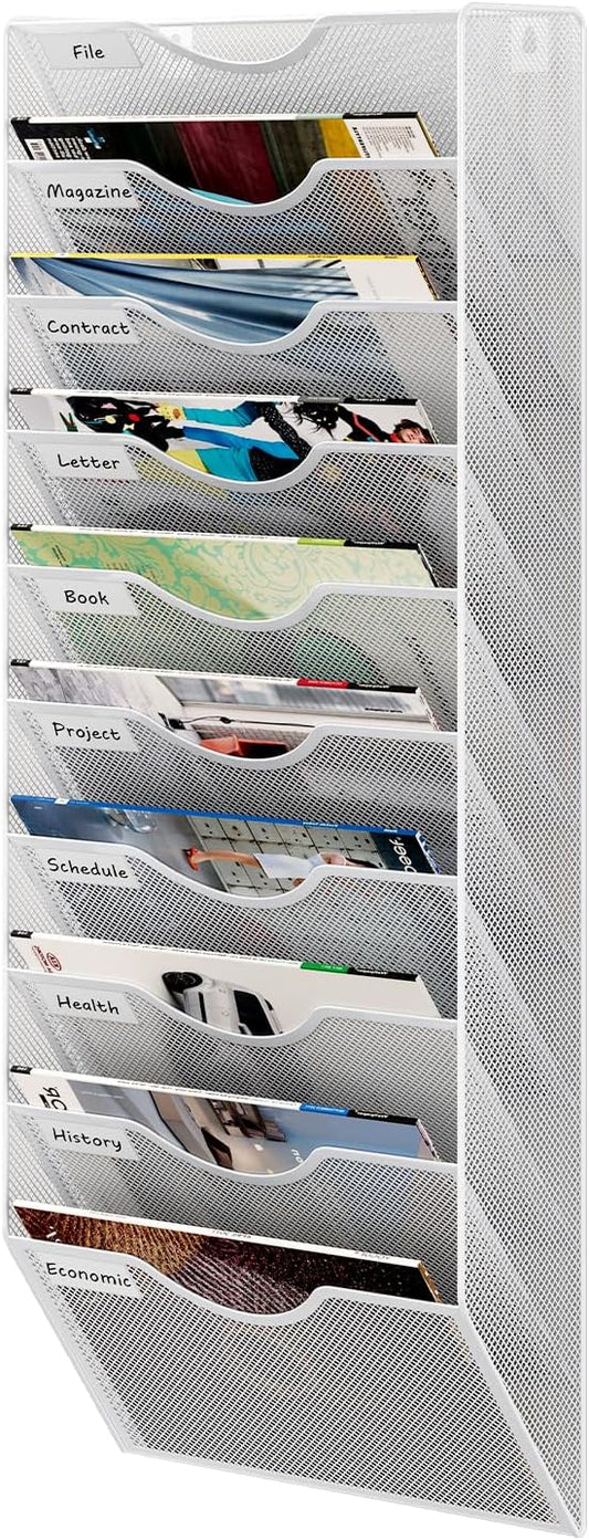 10 Tier Hanging Wall File Holder, Metal A4 Wall Mounted Document Holder, Vertical Hanging Mail Organizer, Magazine Storage Rack with Tray for Office Home Classroom, White