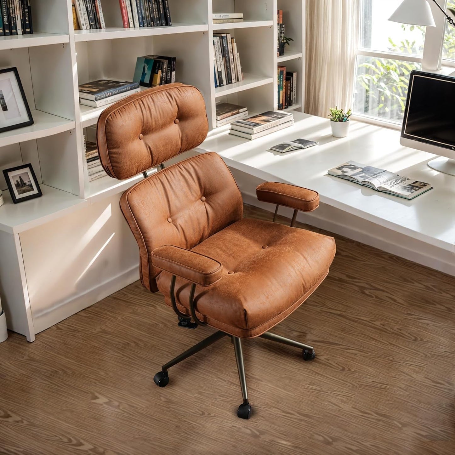 Faux Leather Executive Office Chair - Big and Tall Ergonomic Home Office Chair,Reclining Computer Desk Chairs with Lumbar Support,Adjustable Swivel Rolling PC Chairs with Wheels,Suede,Brown