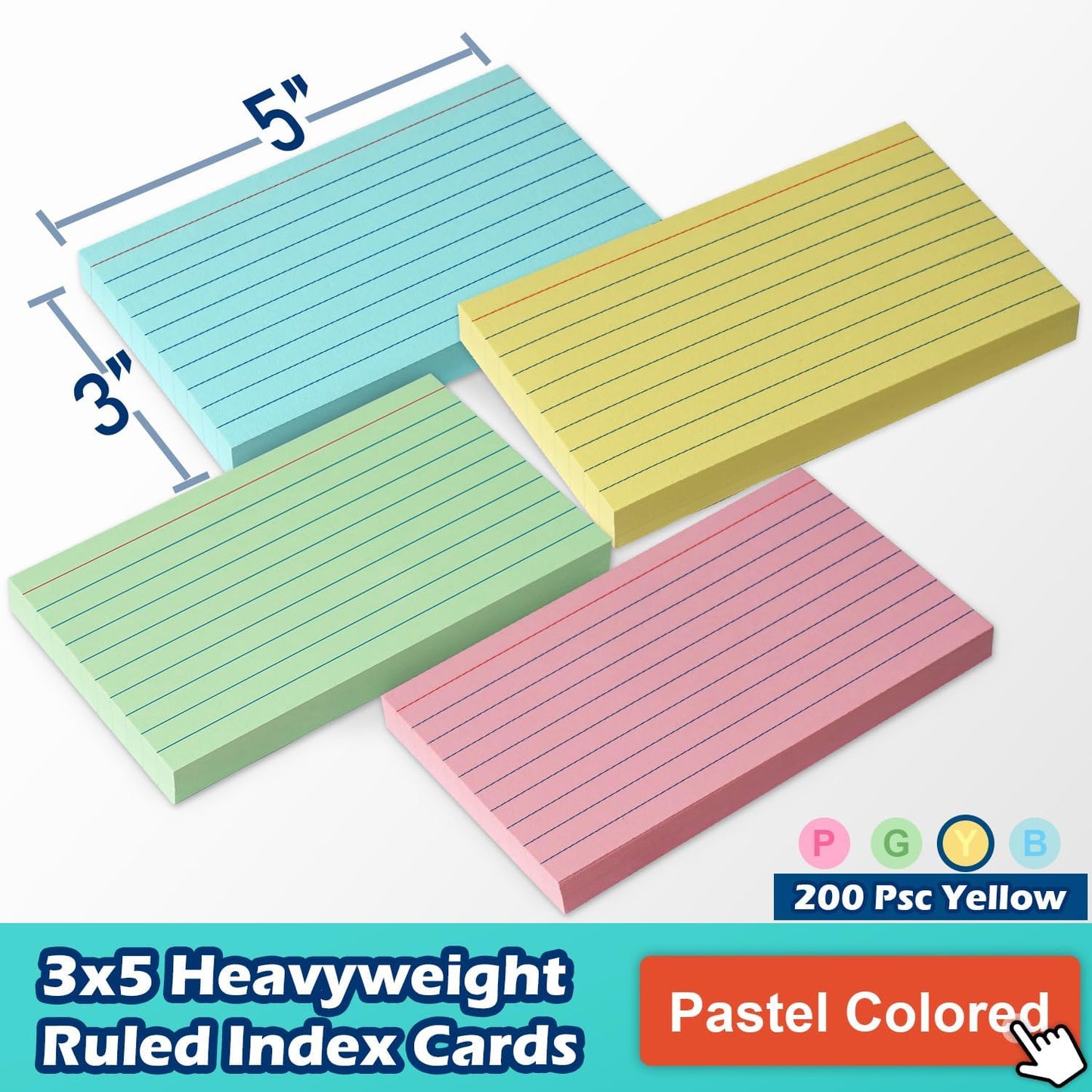 Yellow Lined Index Cards 3x5 Ruled Note Cards 200 Count, 180 GSM Heavy Weight