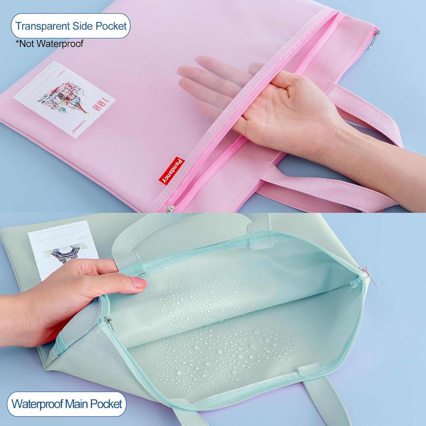 Pendancy Mesh Zipper Pouch 11x13.7 in, 2 pcs Large Double Pocket Waterproof File Bag with Handle, A4 Size Foldable Document Storage for Puzzle Project/Cross Stitch/Travel/Office（Green Pink）