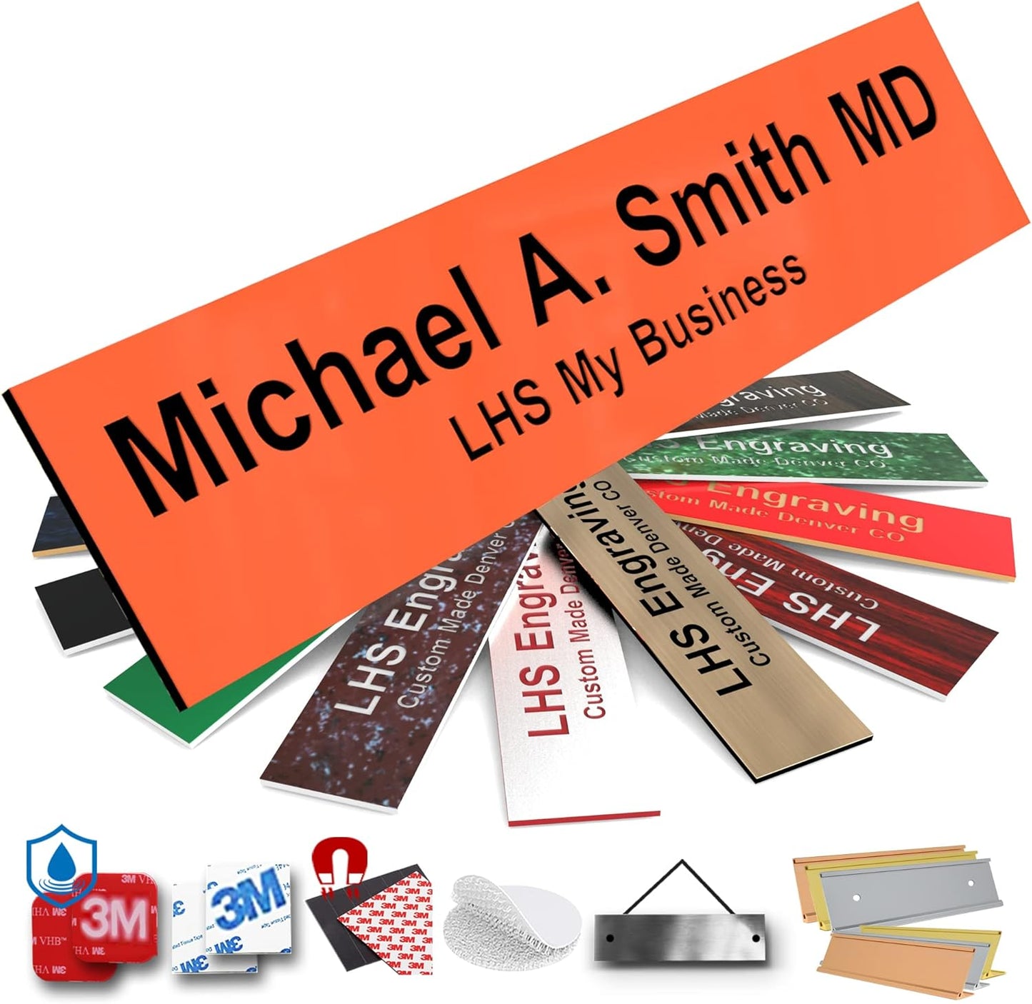 Engraved Door Signs for Office Personalized Orange Plastic Door Plaque Black Letters - Made in USA 2x12 B11