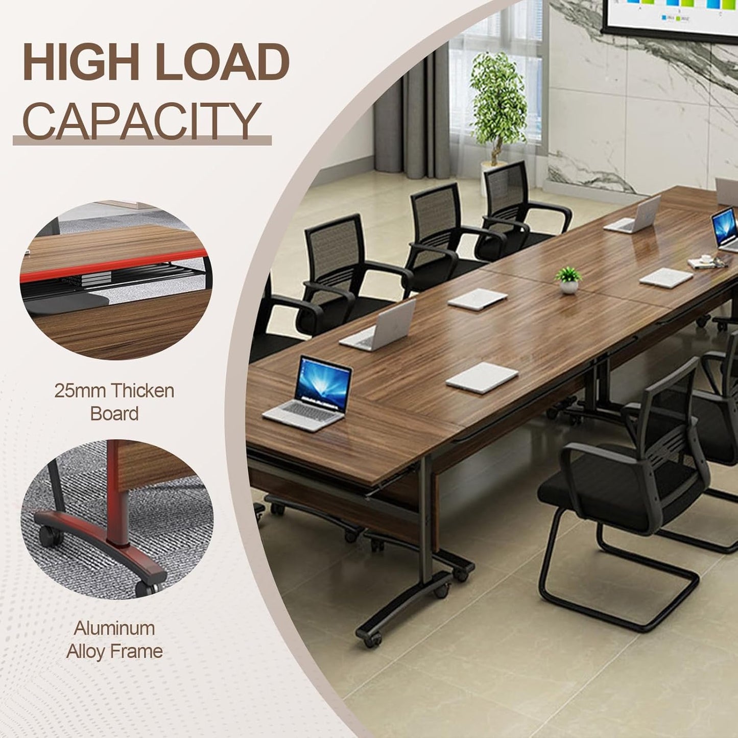 Folding Conference Room Table, Modern Conference Tables with Wheels, Large Rectangular Mobile Training Tables for Office Classroom, Foldable Modular Boardroom Seminar Table Walnut (6pack L70.9in)