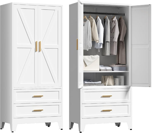 71'' Farmhouse Metal Wardrobe Cabinet with Hanging Rod, 2 Barn Door Wardrobe Closet with Adjustable Shelves,2 Drawer,for Dining Room,Bedroom,Living Room, Cloak Room,Office (White)