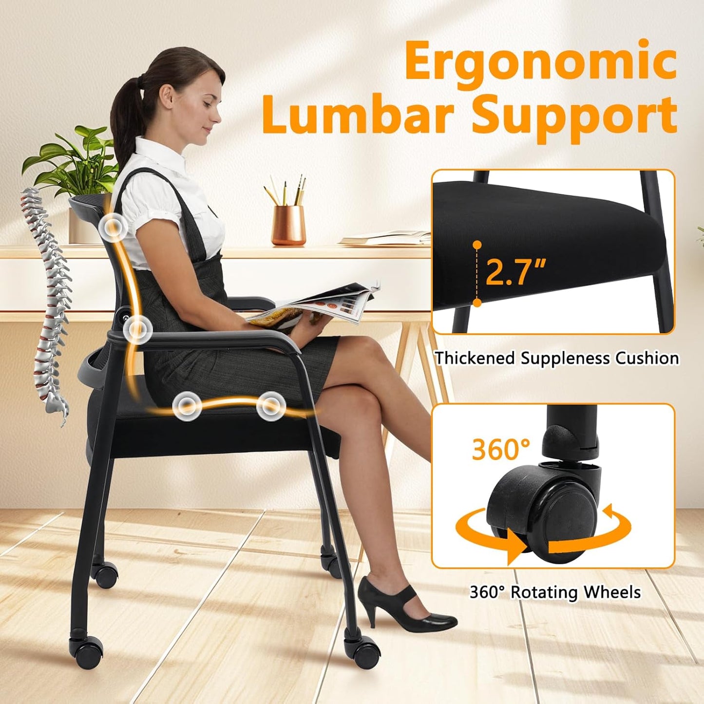 Waiting Room Chairs with Wheels, Adjustable Mesh Backrest, Desk Chair with Ergonomic Lumbar Support and Thickened Seats Cushion, 8 Pack Black