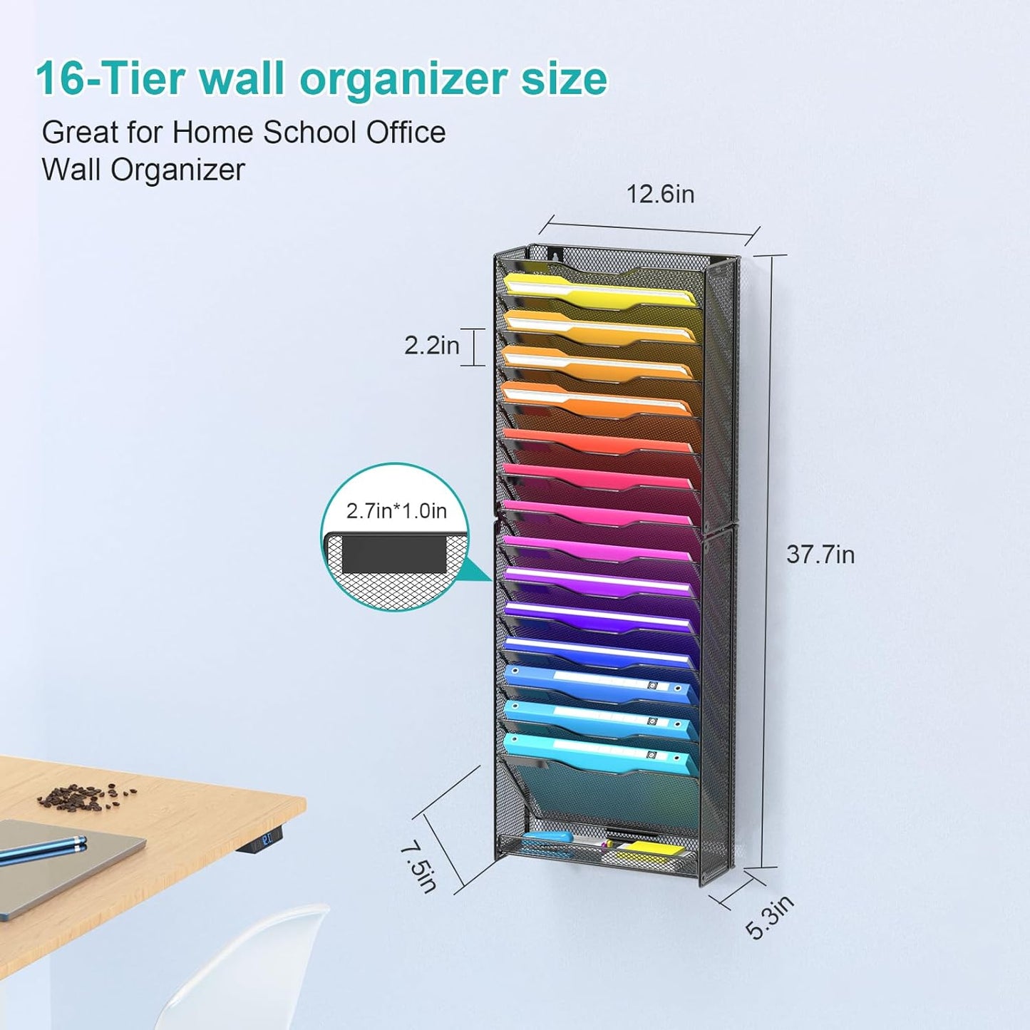 Wall File Organizer, 16-Tier Mesh File Holder, Vertical Document Rack For Home, School, and Office Use (Black)