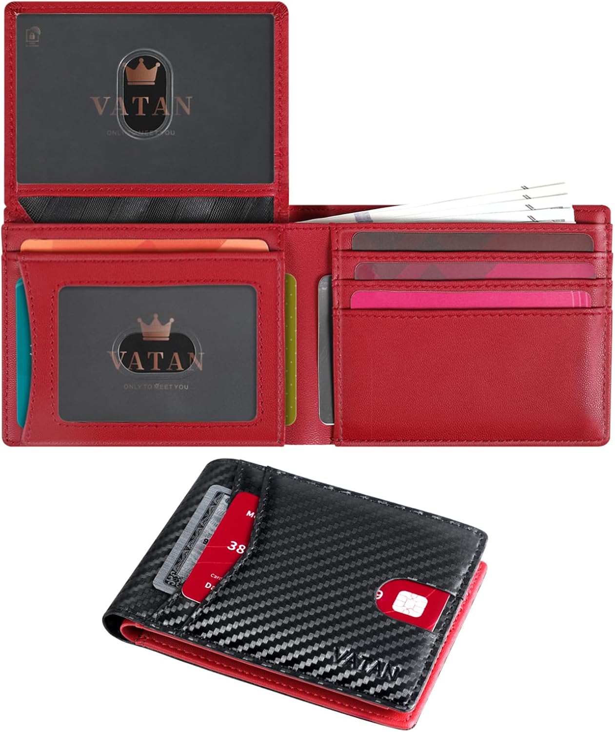 VATAN Wallet for Men, Mens Minimalist Wallet Credit Card Holder, Slim Leather Rfid 2 ID Window Large Capacity With Gift Box (Carbon black and Red)