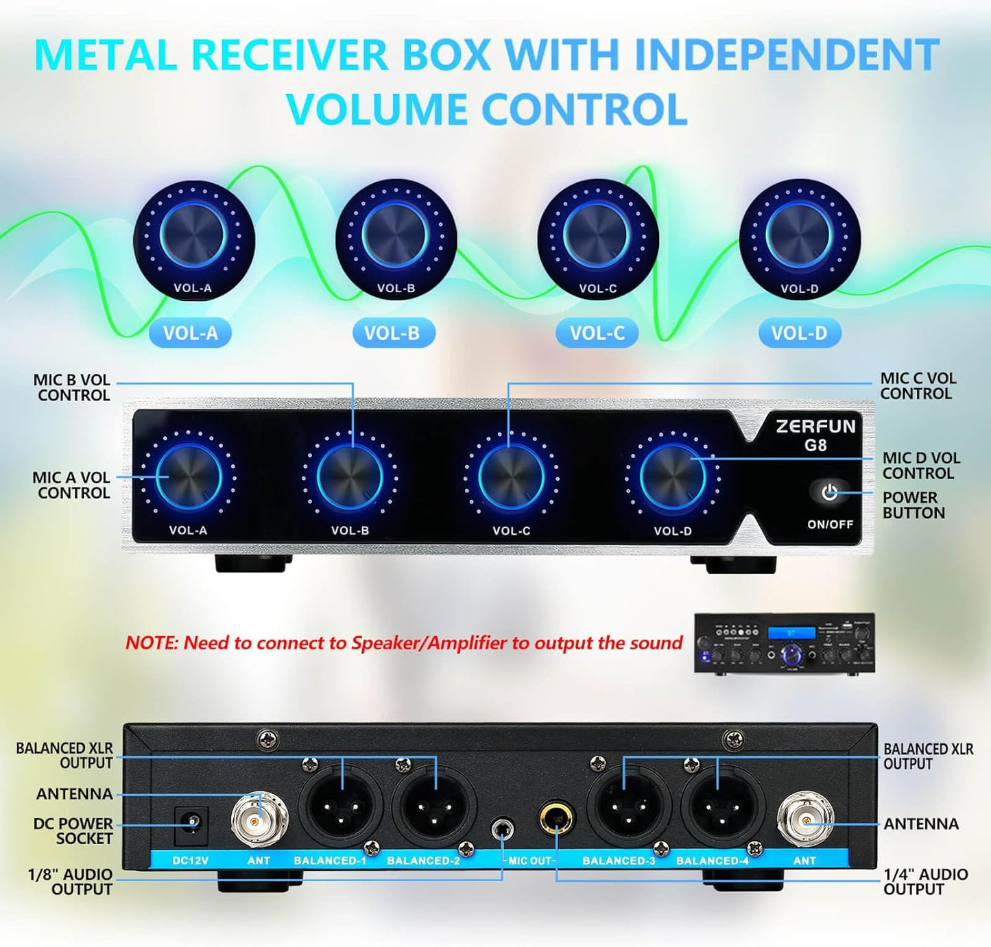 Rechargeable Wireless Microphone System 4 Channel Pro, UHF Metal Handheld Wireless Mics Cordless for Church Karaoke Singing with Volume Control, 4x50 Frequency(G8)