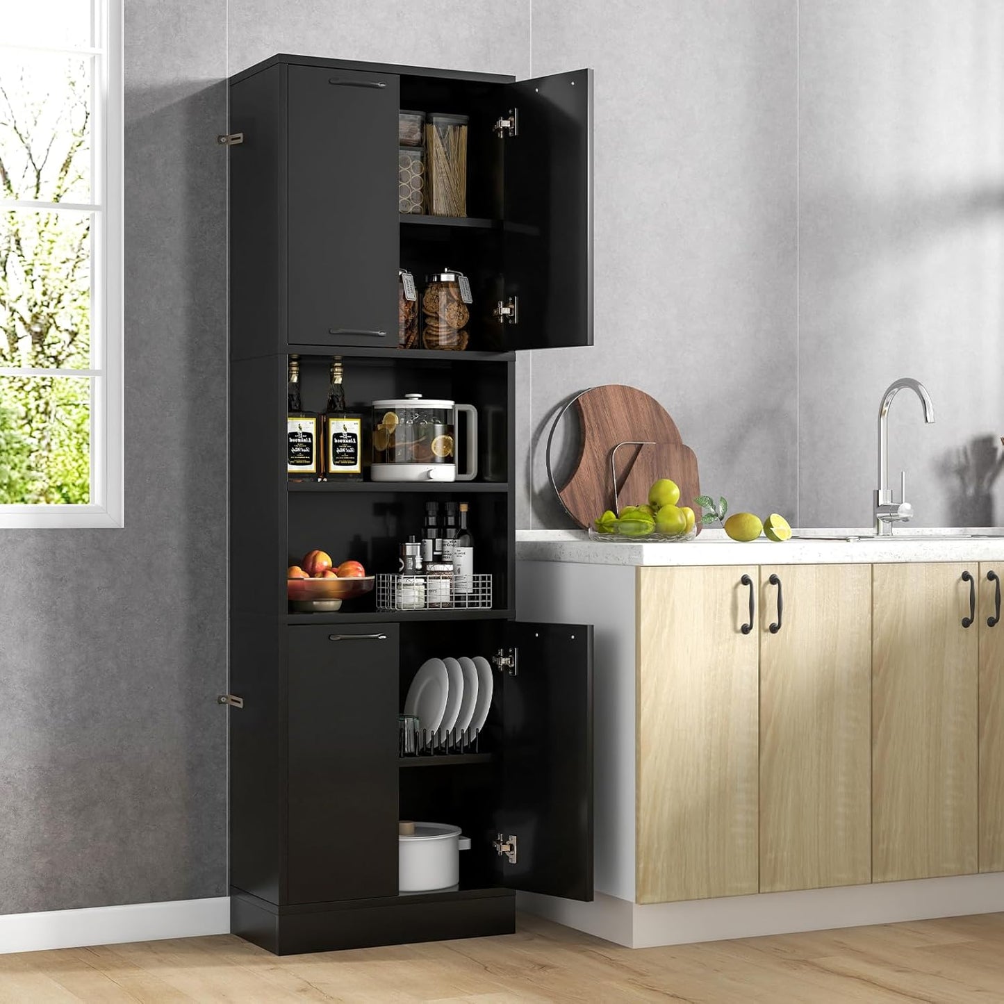 NAFORT Bathroom Storage Cabinet, 75" Freestanding Tall Cupboard with Shelves, Anti-toppling Devices & Non-Slip Foot Pads, Modern Slim Cabinet for Livingroom, Dining Room & Bath Room