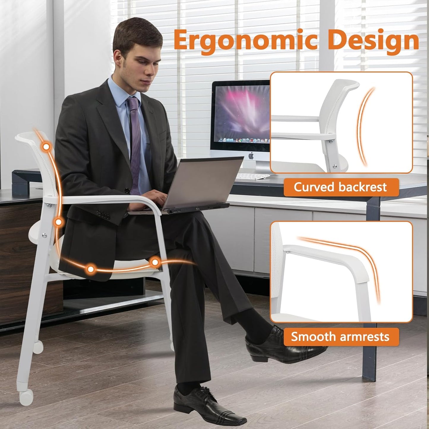 CLATINA Stacking Office Chairs with Wheels | Mesh Back, Thicken Leather Seat and Streamline Armrests, Ergonomic Lumber Support | School, Desk, Guest Reception, Waiting, Conference | Set of 4, White