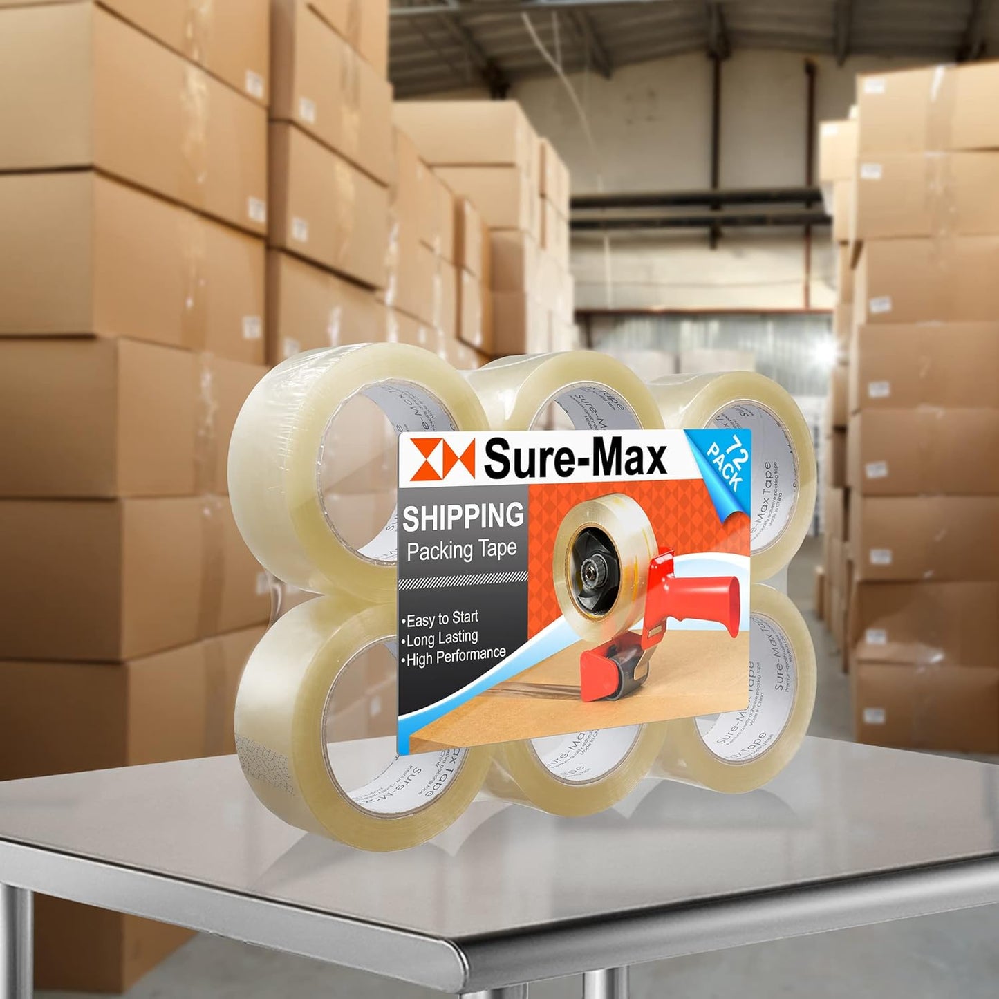 Sure-Max Premium Carton Packing Tape 1.8 mil 330 Feet (110 Yards) - Clear - 2 Cases (72 Rolls Total)