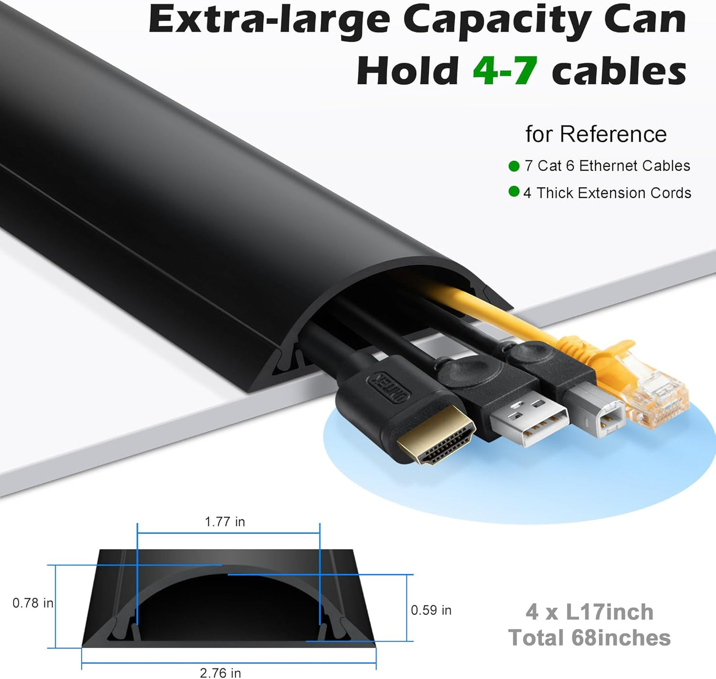 Cord Cover Floor 68in (4 x L17in), Large Capacity Floor Cable Cover, Hard PVC Cord Hider, Wire Cable Management Raceway, Black, Cord Cavity - 1.8"(W) x 0.6"(H)