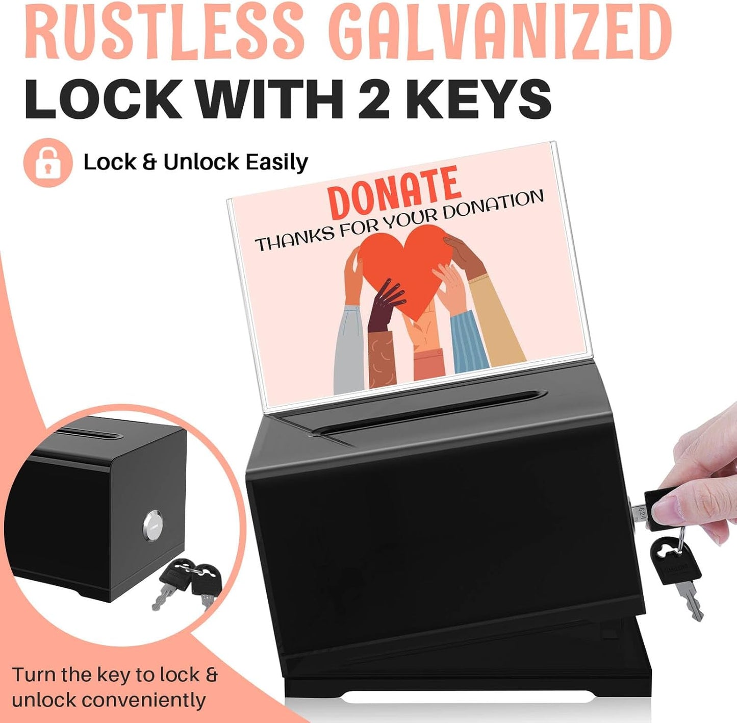 Clear Donation Box with Lock & Sign Holder, Versatile for Fundraising, Ballot Voting, Suggestions, and Tips Jar, Secure Storage Design, Size 6.2x4.6x4.0 Inch, Black 3 Pack