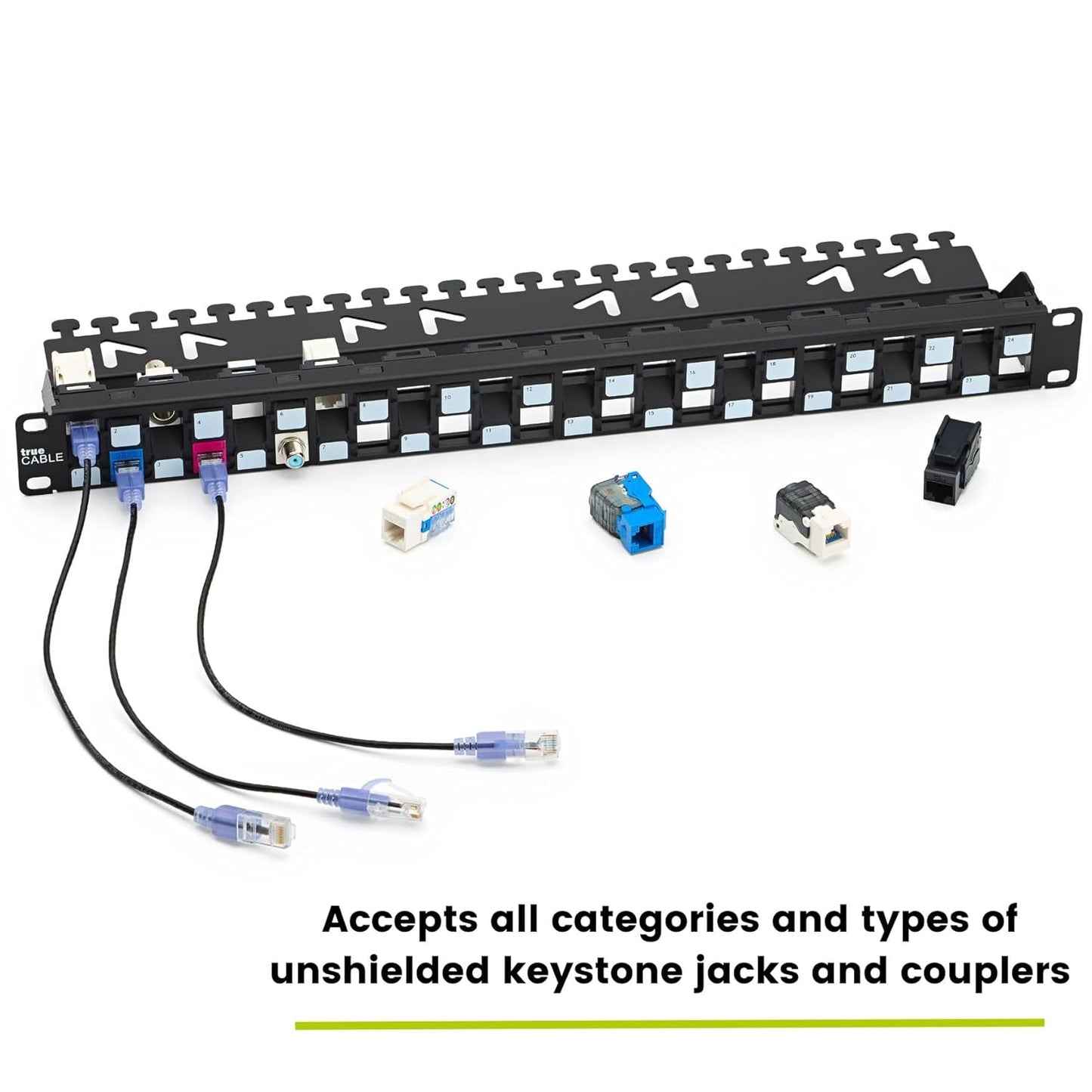 trueCABLE 3-D Staggered 24 Port 19” Toolless Modular Patch Panel, Unshielded, Blank, 1U Rack Mount, with Cable Management Bar, High Density, Black