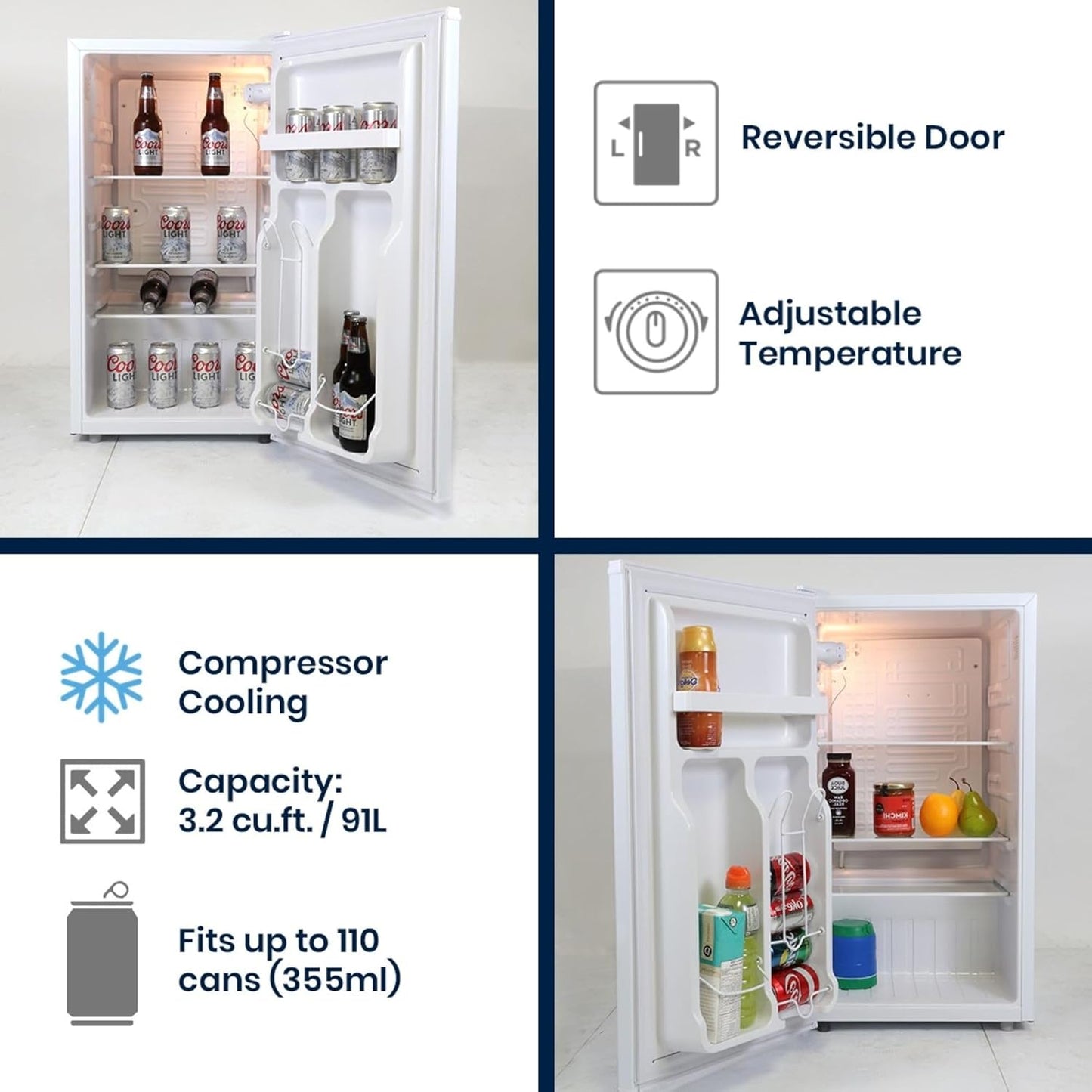 Coors Light Refrigerator - Mini Fridge For Kitchen, Bedroom, Office, Dorms, Cuarto, Cool Storage For Wine, Drink, Beverages, Compact Free Standing, Neveras Pequeñpara, 3.2 Cubic Feet Capacity, White