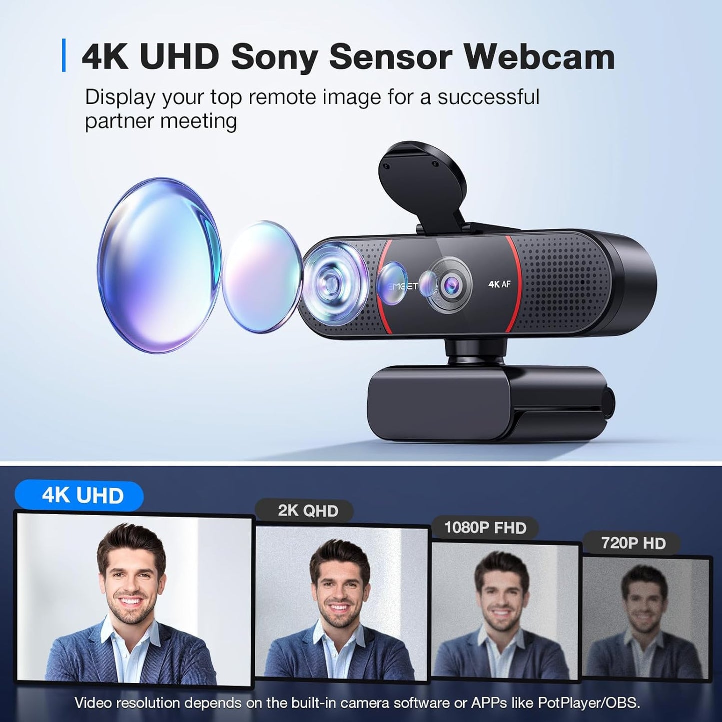 EMEET C960 4K Webcam with Tripod, 4K UHD Sony Sensor, 3 Adjustable Height Mini Tripod w/Privacy Cover, PDAF Auto Focus, Dual Noise-Cancelling Mics, Auto Light Correction, Perfect for Online Meetings