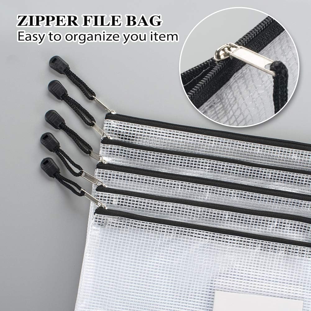 Sooez 20 Pack Mesh Zipper Pouch with Label Pocket, Plastic Zip File Folders, Letter Size A4 Zipper Document Bag for Teacher School Office Supplies, Classroom Organization, Board Game Storage，Black