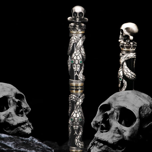 Jinhao Black Snake Fountain Pen Medium Nib Retro Style with Skull Head Solid Metal and Paper Pen Case Set