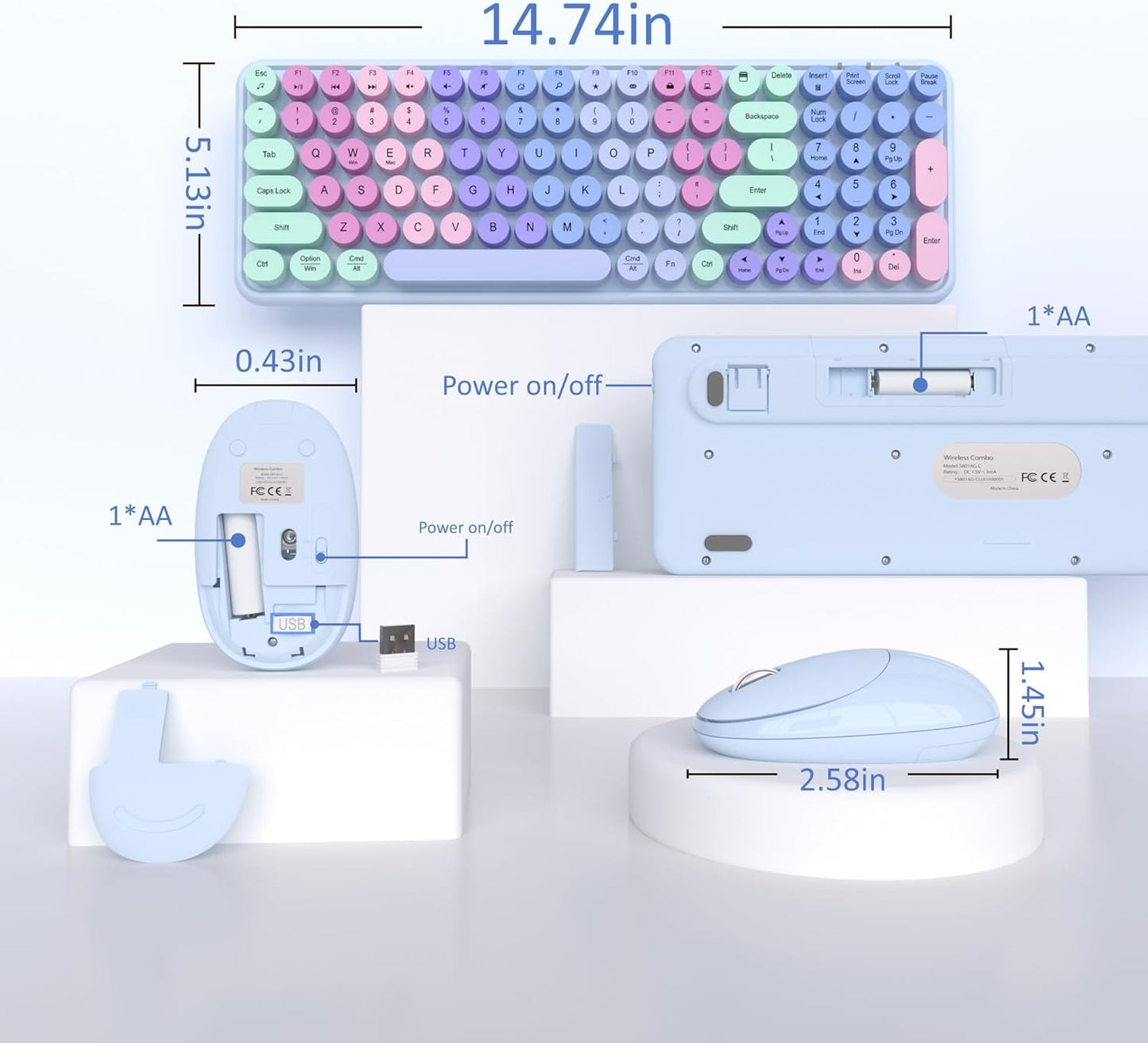 Colorful Wireless Keyboard Mouse Combo, Gradient Rainbow Colors 100 Keys and 2.4GHz Optical Mouse Connection for Windows, Mac, Laptop, PC, Desktop (Purple Colorful)