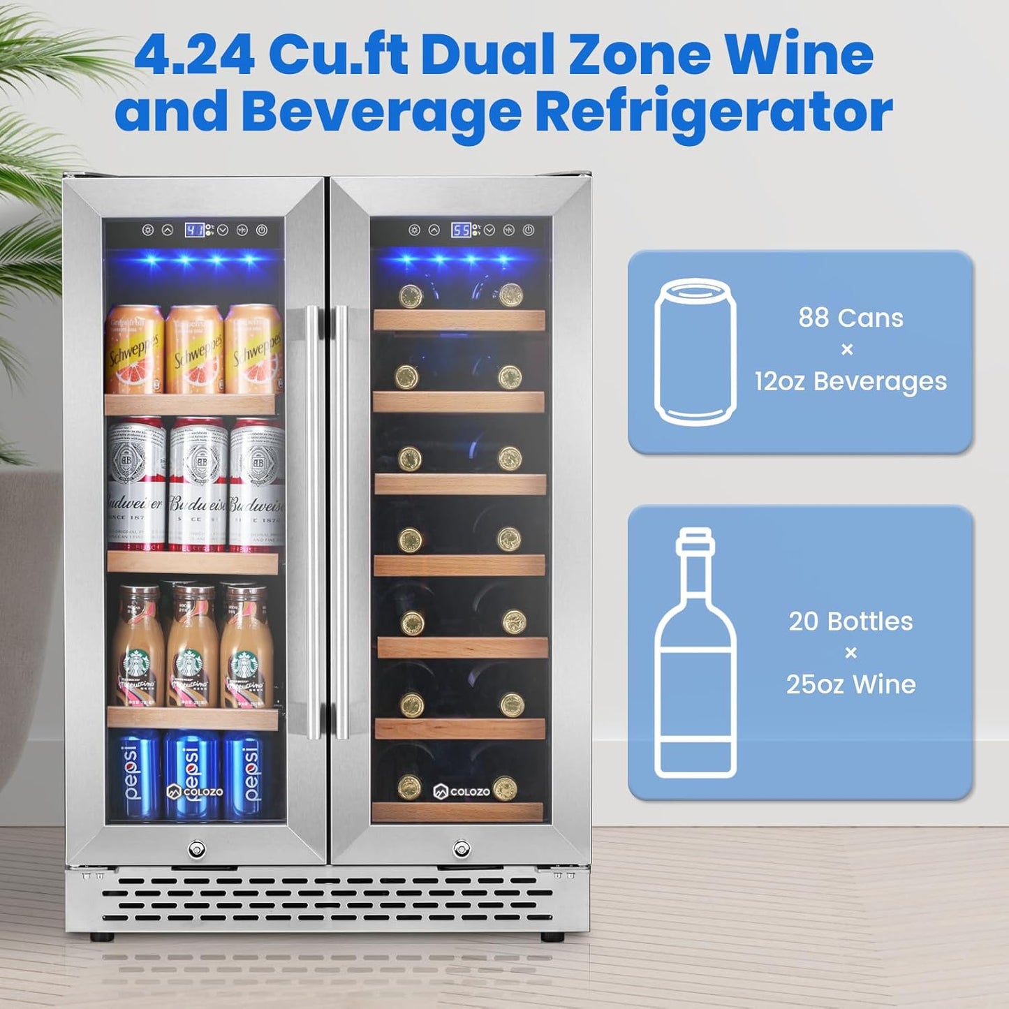 Wine and Beverage Refrigerator, 24 Inch Dual Zone Wine Cooler Refrigerator with Glass Door&Lock Quiet Compressor, Freestanding/Under Counter Beverage Fridge Holds 20 Bottles & 88 Cans for Office/Home