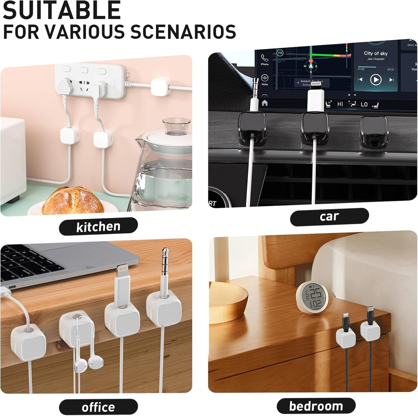 12 Pack Cable Clips, Cord Organizer, Cord Holder for Nightstand, Magnetic Cord Organizer, Strong Adhesive Charging Cable Keeper, Clip Holder
