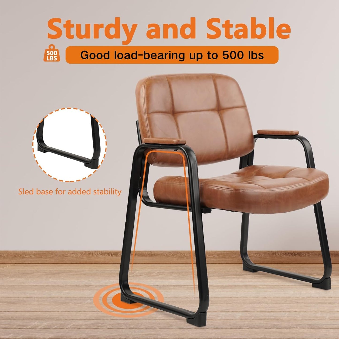 CLATINA Big & Tall 500 lb Waiting Room Chairs with Padded Armrests and Sled Base, Leather Stationary No Wheels Office Guest Chair for Reception Lobby Home and Meeting Conference, Brown （6 Pack）