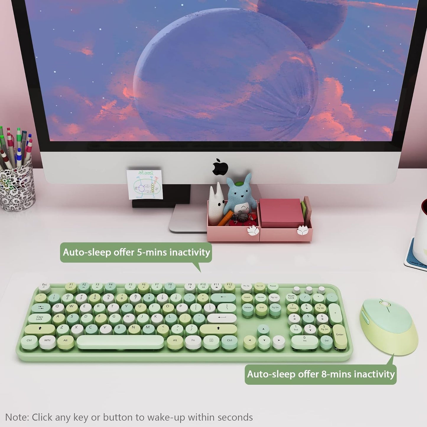 Wireless Keyboard and Mouse Combo, Cute Colorful 104-Key Typewriter Retro Round Keycaps Keyboard for PC Laptop,Windows,Desktop,Perfer for Home and Office Keyboards (Green)
