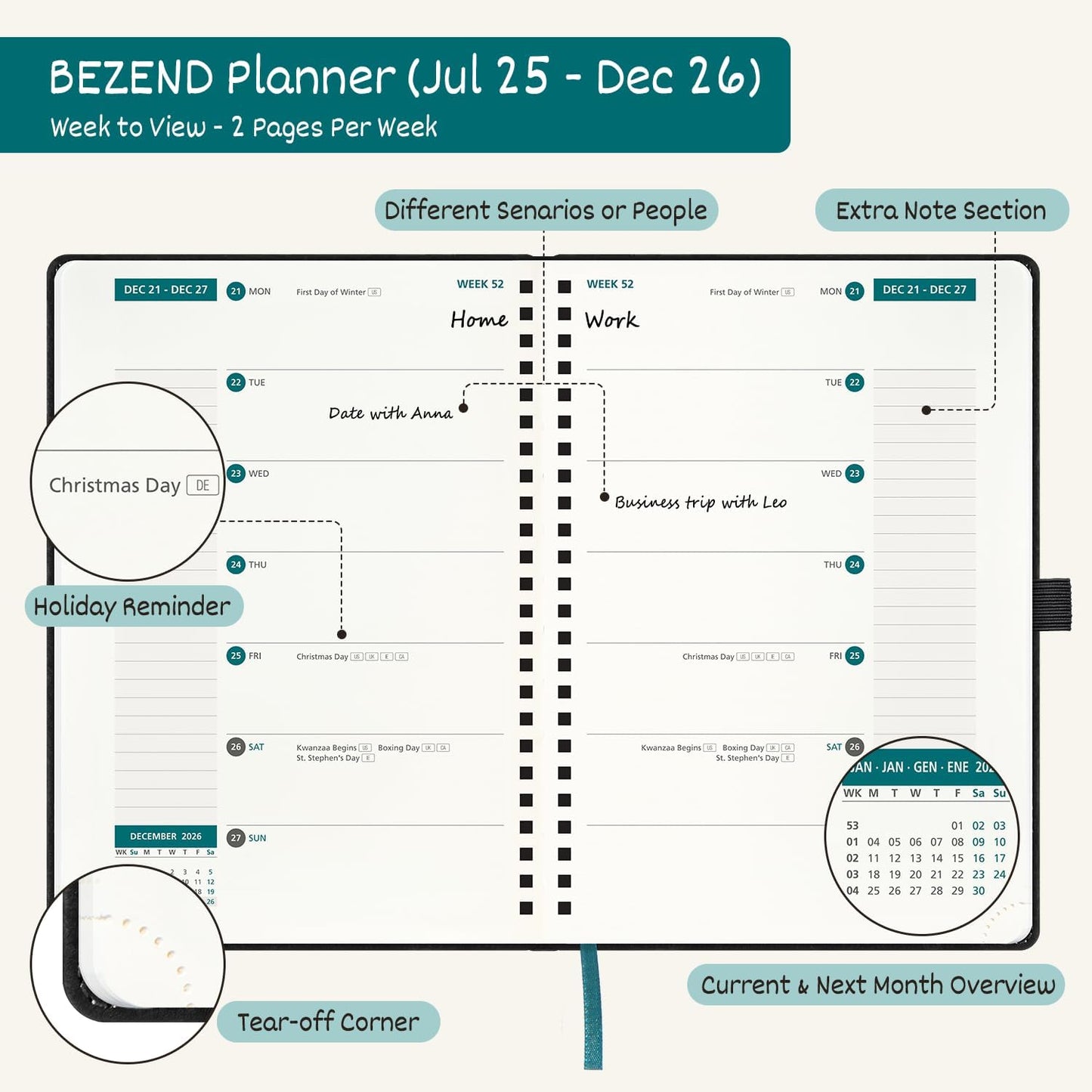 BEZEND Weekly Planner 2025-2026 with 2 Columns, 5.8" x 8.5" Academic Calendar 18 Months (Jul 25-Dec 26) Life Work Appointment Book with Monthly Tab, PU Leather Softcover Spiral - Black