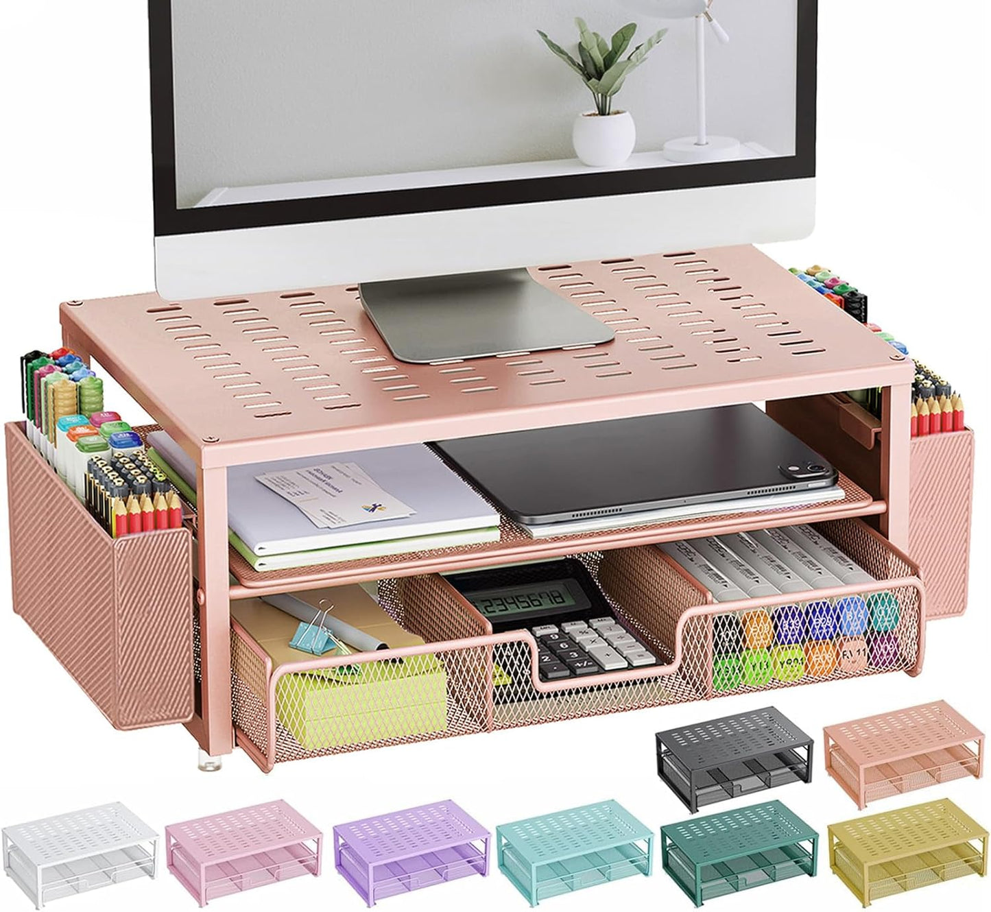 gianotter Desk Organizers and Accessories, Monitor Stand with Drawer and 2 Pen Holder, Desktop Organizer Suitable for Offices and Dormitories (Rose Gold)